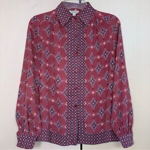 Max Studio Top Women's Long Sleeve Collared Button Down Blouse Geo Floral Red XS